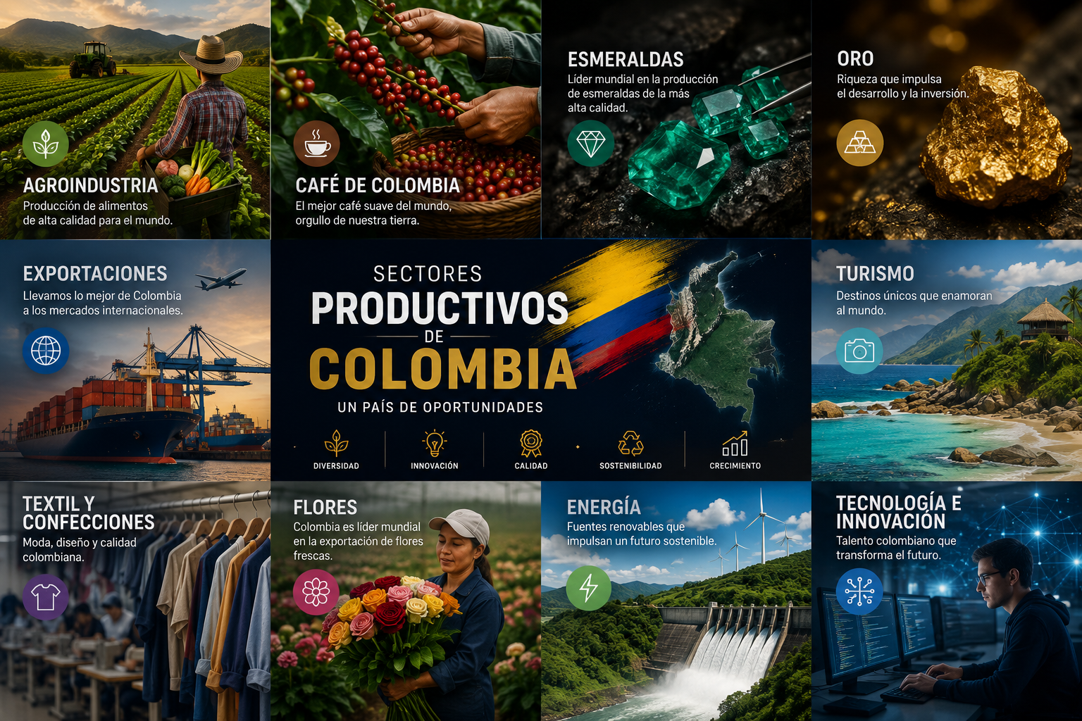 Sectores productivos de Colombia: agroindustria, café, esmeraldas, oro, exportaciones, turismo, textil, flores, energía y tecnología